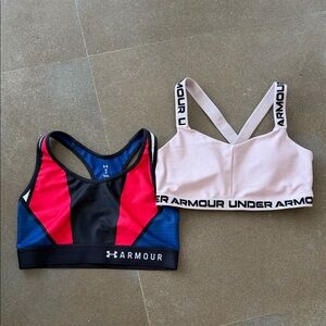 Under Armour Colorblock Black Red Blue Sports Bra + Blush Logo Bra